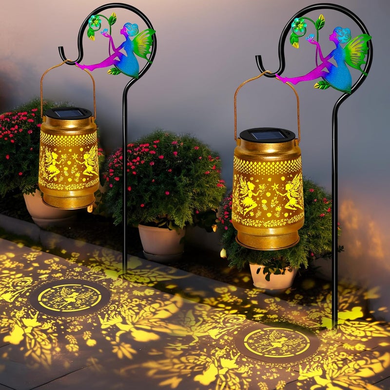 EDOF 2 Packs Fairy Solar Lanterns Outdoor Waterproof with Shepherd Hook,Hanging Solar Lights Fairy Garden Decor,Christmas Decorations Gifts for Women Grandma,Metal Decorative Lanterns for Yard,Patio,Porch - Image 1